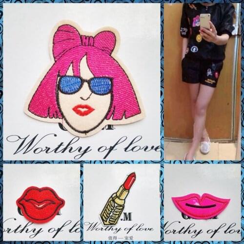 Free Shipping Punk Lady Red Lips POP stickers 4pcs/lot Iron On Embroidered cloth patches party costume decoration kid gifts