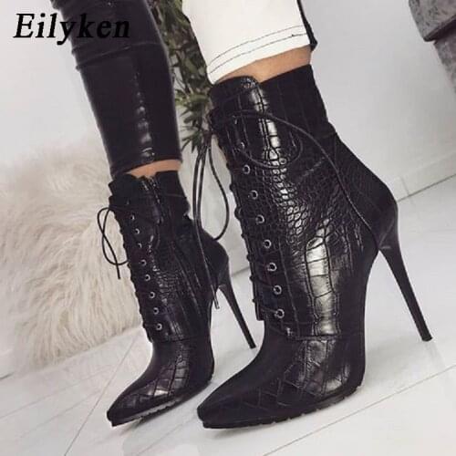 Eilyken Serpentine Black Women Ankle Boots 2021 New Lace-Up Pointed Toe Stilettos Shoes Fashion Sexy Chelsea Boots size 35- 42
