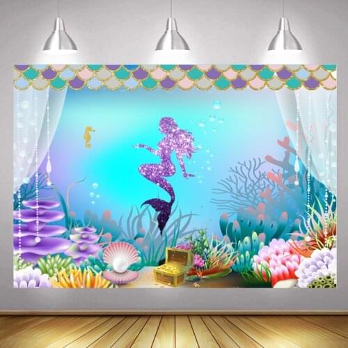 Little Mermaid Ariel Photo Backdrop Girls Custom Curtain Kids Happy Birthday Party Decoration Photography Backgrounds Banner