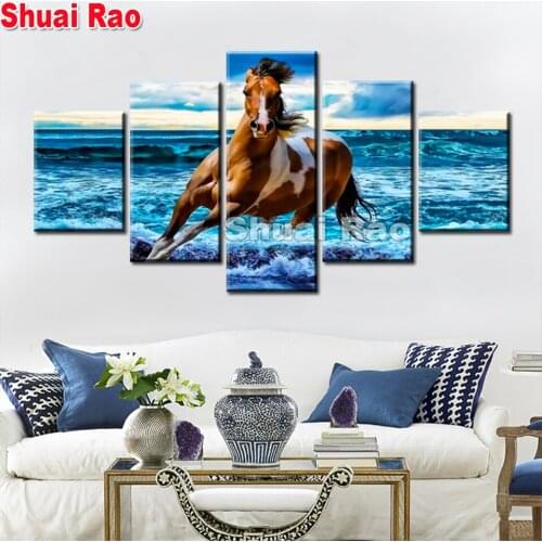 Diamond mosaic horse diamond embroidery painting 5 Pieces,5d diy diamond painting full square round drill animal,Multi Panel