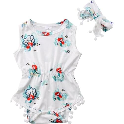 Newborn Baby Girls Mermaid Romper Princess Baby Girls Sleeveless Clothes Jumpsuit + Headband