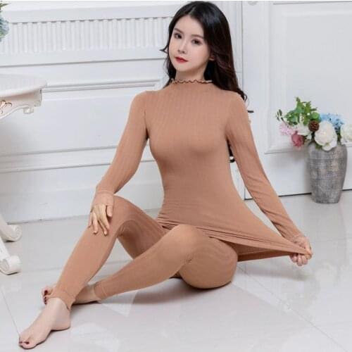 Elegant Ruffle Turtleneck Long Johns Women Lace Bodycon Thermal Underwear Pajamas Female Winter Second Skin Thermo Underwear Set