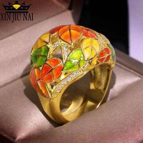 Forest series witch Creative ring female European Retro 18K gold enamel ring color separation exaggerated flower ring jewelry