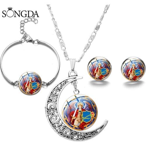 Christian Holy Archangel St.Michael Jewelry Set Angel Wings Protect Me Saint Shield Glass Dome Earrings Bracelet Necklaces Sets