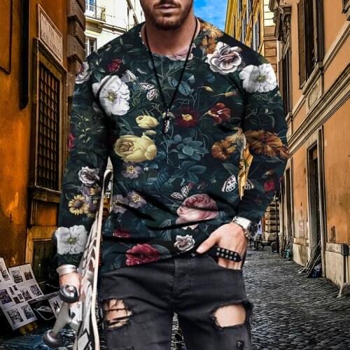 2020 new T-shirt mens spring and summer T-shirt tops mens long-sleeved cotton T-shirt floral print short sleeves