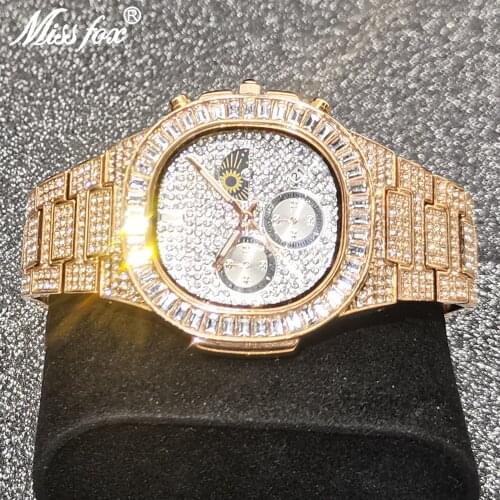 MISSFOX Mens Chronographs Watch 18K Luxury Rose Gold Iced Out Bling Stone Male Watches Auto Moon Phase Date Waterproof Jewelry