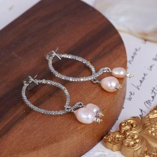 New European and American high-grade feeling cross-circle inlaid pale pink natural pearl elegant temperament dual-use earrings