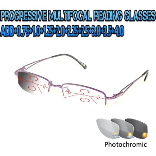Photochromic Gray Progressive Multifocal Reading Glasses Ladies Woem Ultralight Rectangular Metal Frame Fashion +0.75 To +4.0
