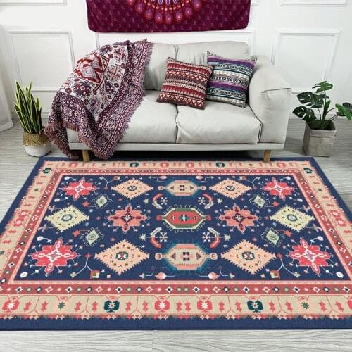 Retro Dark Blue Geometric Carpets For Living Room Ethnic Style European Girl Room Floor Mat Rugs For Bedroom Floral Print Carpet