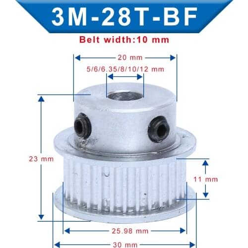 3M-28T Pulley BF Shape Bore 5/6/6.35/8/10/12 mm Slot Width 11 mm pulley wheel Aluminum Material For Width 10mm 3M-Timing Belt