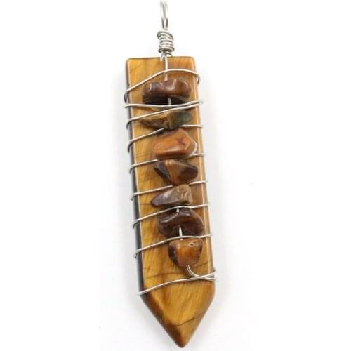 Tiger Eye Stone Silver Plated Wire Wrap Irregular Shape Gravel Sword Pendant Lapis Lazuli Fashion Jewelry