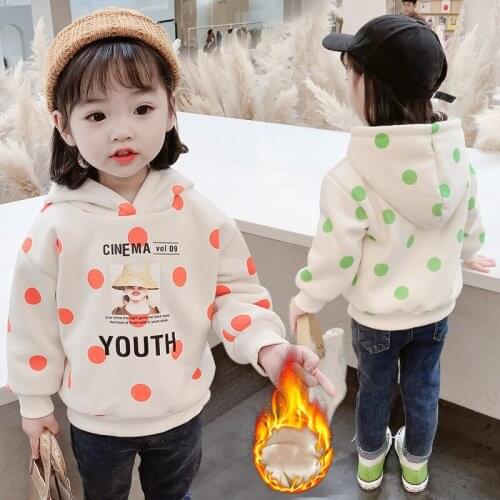 Girls' Hoodies Sweatshirts Kids Outwear 2021 Dots Plus Velvet Thicken Winter Autumn Top Cotton Pullover Childrens Clothing