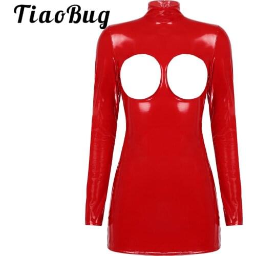 Zipper Mini Dress Sexy Club Wear for Sexy Womens Erotic Lingerie Wet-Look Patent Leather Bare Breast Open Butt Bodysuit for Sex