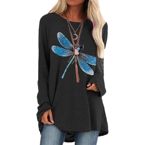 Women T-Shirts Casual O Neck Long Sleeve Dragonfly Print Loose Pullover Tops Womens Clothing vetement femme футболка женский