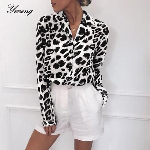 YMING Boho Sexy Leopard Women Blouse Turn Down Collar Casual Shirt Long Sleeve Chiffon Tops Office Tunic Blusas Woman Clothes