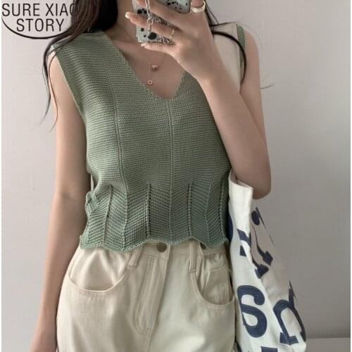 Casual Knitted Shirt Hollow Out V-neck Short Length Clothes 2021 Summer V-neck Sleeveless Sexy Women Blouses Tops Blusas 14679