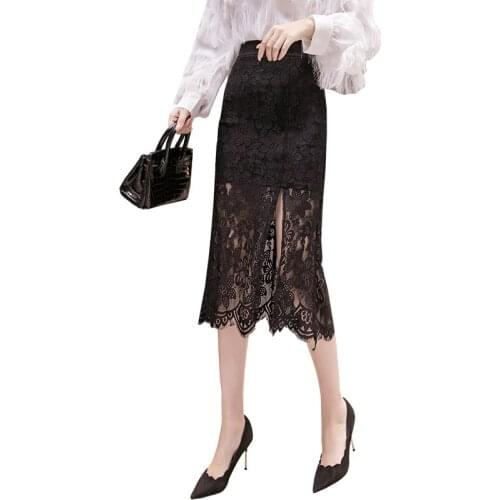 Women Skirts Office Lady Lace Cotton Pencil Solid Mid-Calf Womens Clotling Empire 2020 New Women Skirts Parts Sexy Ladies Skirt