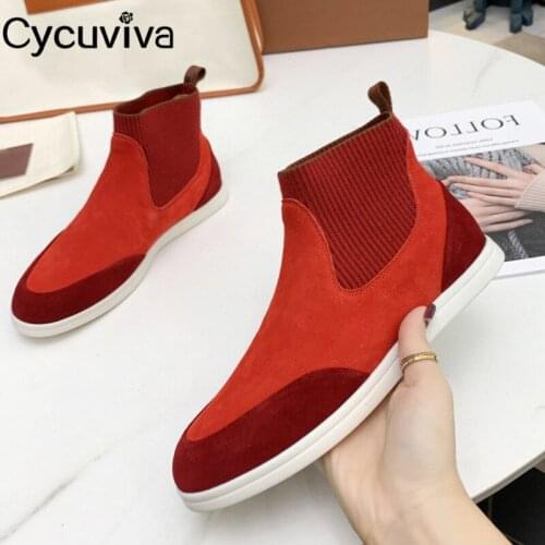 High Quality Suede Flat Casual Shoes Women Elastic Patchwork Womens Short Boots Autumn Slip On Ankle Boots Runway Botas Mujer