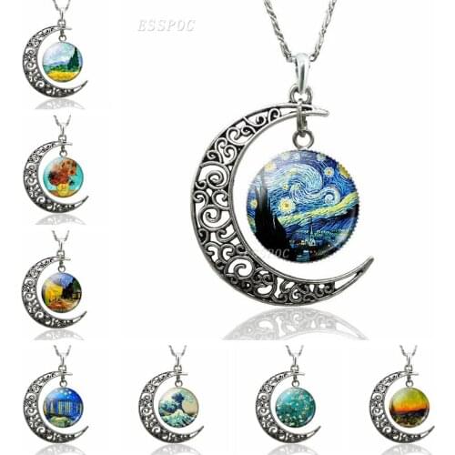 Van Gogh Starry Night Sunflower Art Pendant Glass Cabochon Fashion Women Pendant Necklaces Crescent Moon Necklace Women Gifts