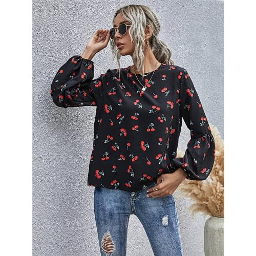 Puff Sleeve Blouse Top Women Autumn Casual O Neck Shirt Cherry Pattern Print Blouse For Women 2020 New