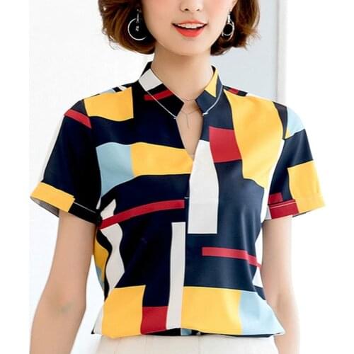 Fashion woman blouses 2019 short sleeve Chiffon women blouse shirt striped v-neck office blouse tops and blouses