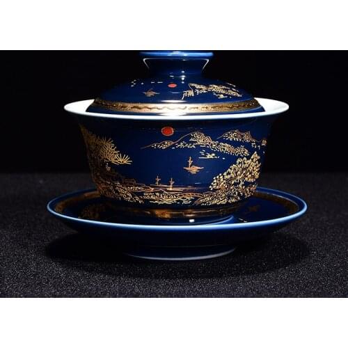 Blue glaze three-color cover bowl teacup ceramic large blue and white porcelain teacup retro home kung fu tea set accessories