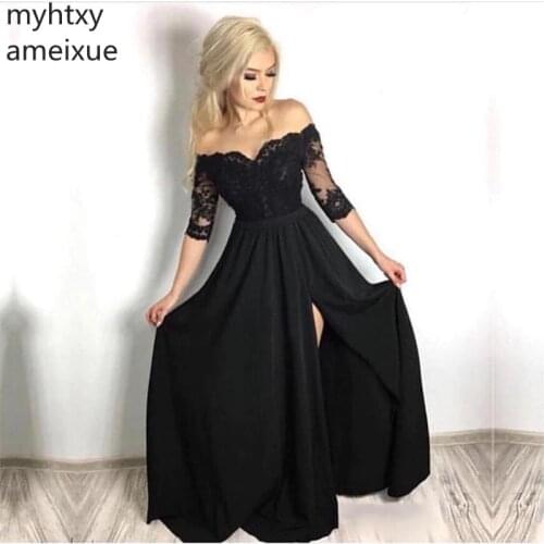 Shoulder Prom Dresses With Half 2020 New Sleeves Front Split Black Vestidos De Formal Gowns Women Formal Party Dress Elegant