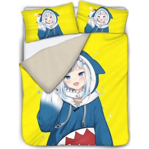DARMIAN Anime Hololive Shark Girl Print Bed Pillowcase & Duvet Cover 3pcs/Set Premium Pillowslip Quilt Cover Decoration Bedding