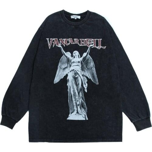 High Street Retro Washed Hole Distressed Long sleeve Tshirts Hip Hop Angels Print Couple Oversized T-shirt Tees Cotton Harajuku