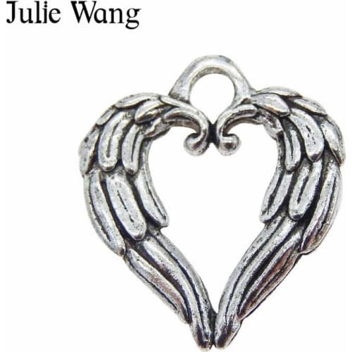 Julie Wang 15PCS Alloy Hollow Feather Heart Love Charms Antique Silver Color Necklace Pendant Bracelet Jewelry Making Accessory