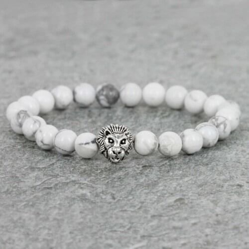 KEJIALAI 2pcs 8mm Beads Lion Head Pendant Beaded Bracelet Men Fashion Handmade Jewelry Charm Cuff Wristband Adjustable BS-005