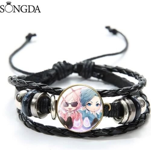 Classic Anime Yarichin Club Series Bracelet Print Cartoons Photo Glass Gem Adjustable Black Woven Leather Bangles For Fans Gifts