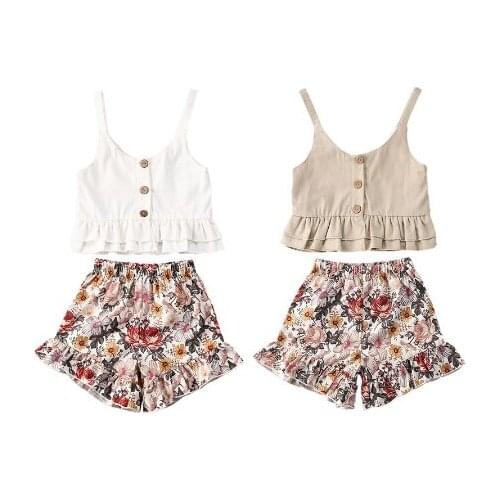 1-5Y Summer Infant Baby Girls Clothes Sets Ruffles Sleeveless Vest Tops+Flowers Print A-Line Skirts