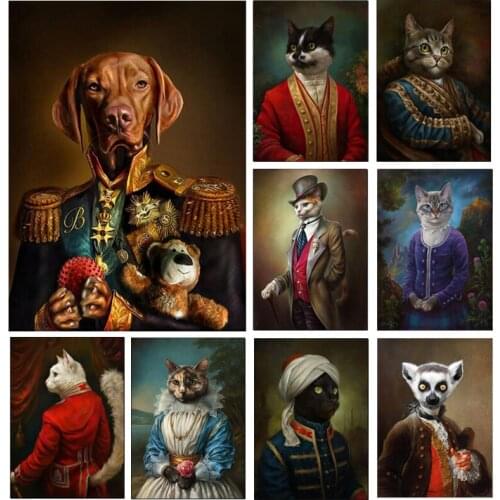 Medal Officer Dog Retro Animal Cat Dog Poster Canvas Painting Wall Picture Arab Gentleman Vintage Picture Aesthetic Room Decor