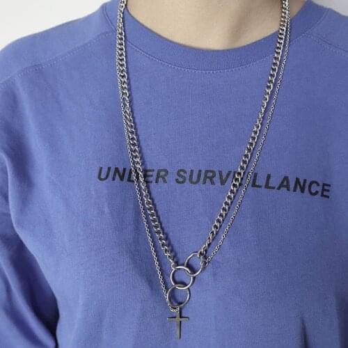 Hip hop mens layered necklace stainless steel Circle cross Pendant Multiple statement chain necklaces choker male Accessories