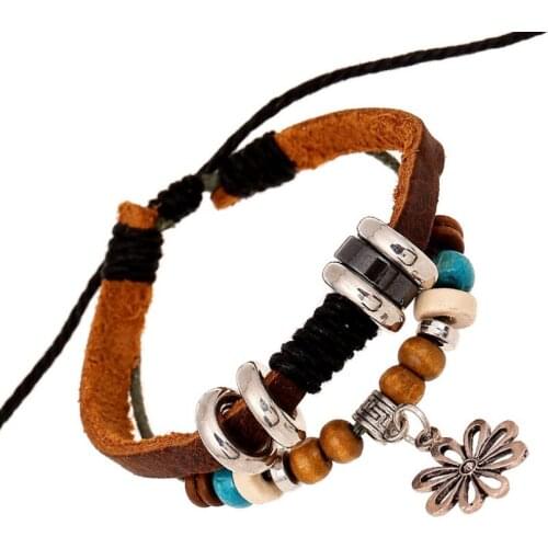 Fashion Vintage Women Girl Flower Beads Wrap Bracelet Retro Adjustable Charm Multilayer Leather Bangle Wristbands Casual Jewelry