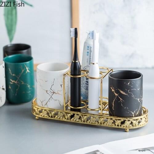 Golden Marble Ceramic Bathroom Accessory Set Washing Tools Mouthwash Cup Metal Toothbrush Holder Household Bathroom Supplies Set