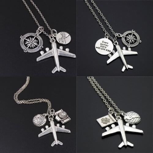 1pc "Every Journey Starts With One Step" Words Compass Airplane Necklace Camera Jewelry Gift Flight Pilot Travel Necklace