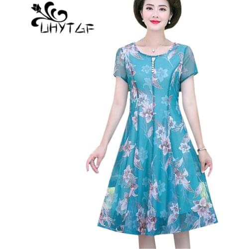 UHYTGF Woman dress 2020 new fashion in silk printing thin summer dresses for women Korean pullover loose 5XL plus size dress 987