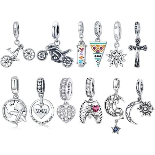 WOSTU Authentic 925 Sterling Silver Hot Sale Kitty Moon Charms Pendant Fit Bracelets Women Party Fashion DIY Jewelry Gift Making