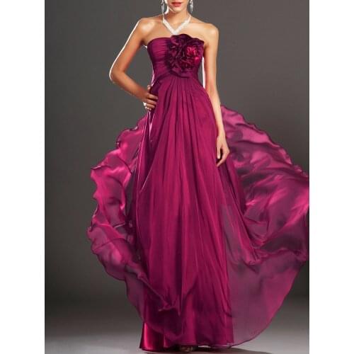Fuchsia Strapless Chiffon Long Prom Dress With Ruffle Flower Details Ruched Chiffon Bridesamid Dress Party Dress
