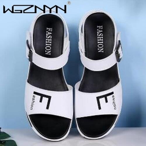 Summer Hot Sale Genuine Leather Women Wedges Sandals White Black Classic Ankle Strap Platform Sandals Ladies Shoe Sandals Women