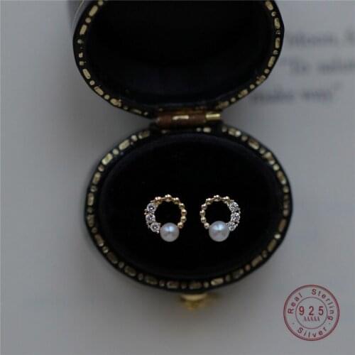 HI MAN 925 Sterling Silver Plating 14K Gold French Zircon Pearl Stud Earrings Women Creative Wedding Jewelry