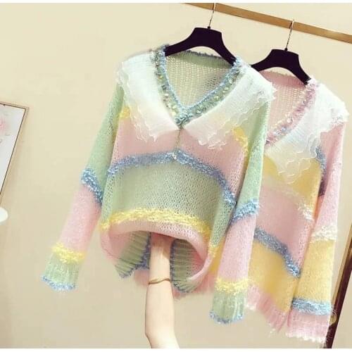 Sequined ruffled V-neck wool sweater autumn and winter new arrival womens sweet and western style rainbow color matching top