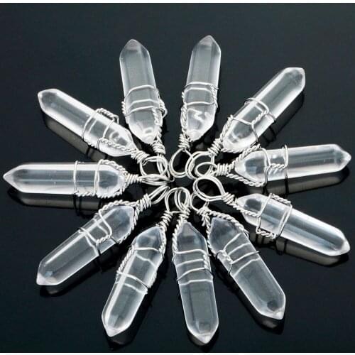 TUMBEELLUWA 1Lot (5Pc) Crystal Gem stone Wire Wrapped Healing Pendulum Hexagon Pendant Fit Necklace