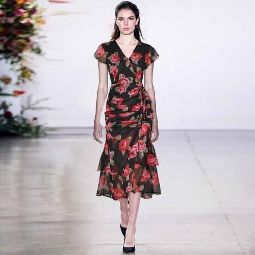 Vestidos Autumn Women Vintage Rose Print Package Hip Chiffon Dress Ladies Sexy V-Neck Folds Elegant Vacation Party Long Dresses