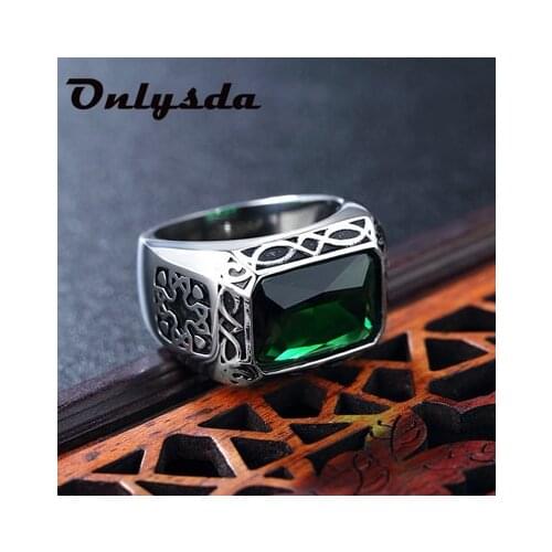 Vintage Man`s Stainless Steel Ring Green Crystal Band Ring Fashion Shunine Punk Jewelry Us Size Engagement Wedding Gift OSR815