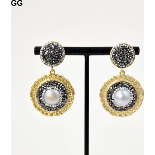 GuaiGuai Jewelry 1.6" Natural White Pearl Gold Color Plated CZ Earrings