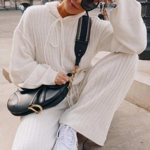 Women Two Piece Sets Hooded Sweater And Elastic Long Trousers Suits Autumn Winter Knitted Sweater 2 Piece Set Streetwear