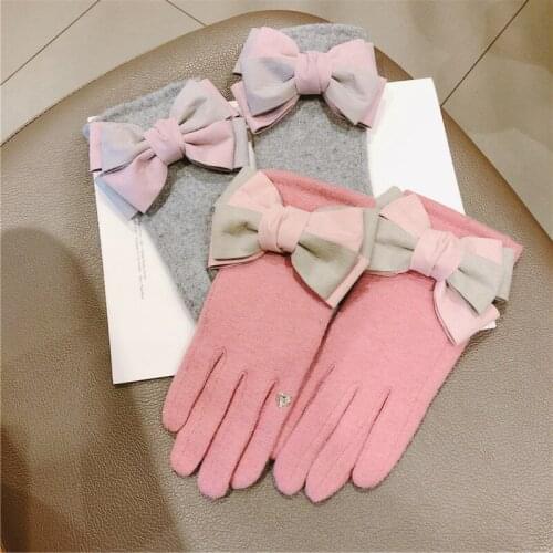 Women New Korean touch screen gloves five fingers cashmere bow double thick female winter warm gloves